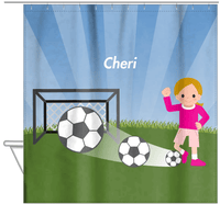 Thumbnail for Personalized Soccer Shower Curtain VII - Blue Sky - Blonde Girl - Hanging View