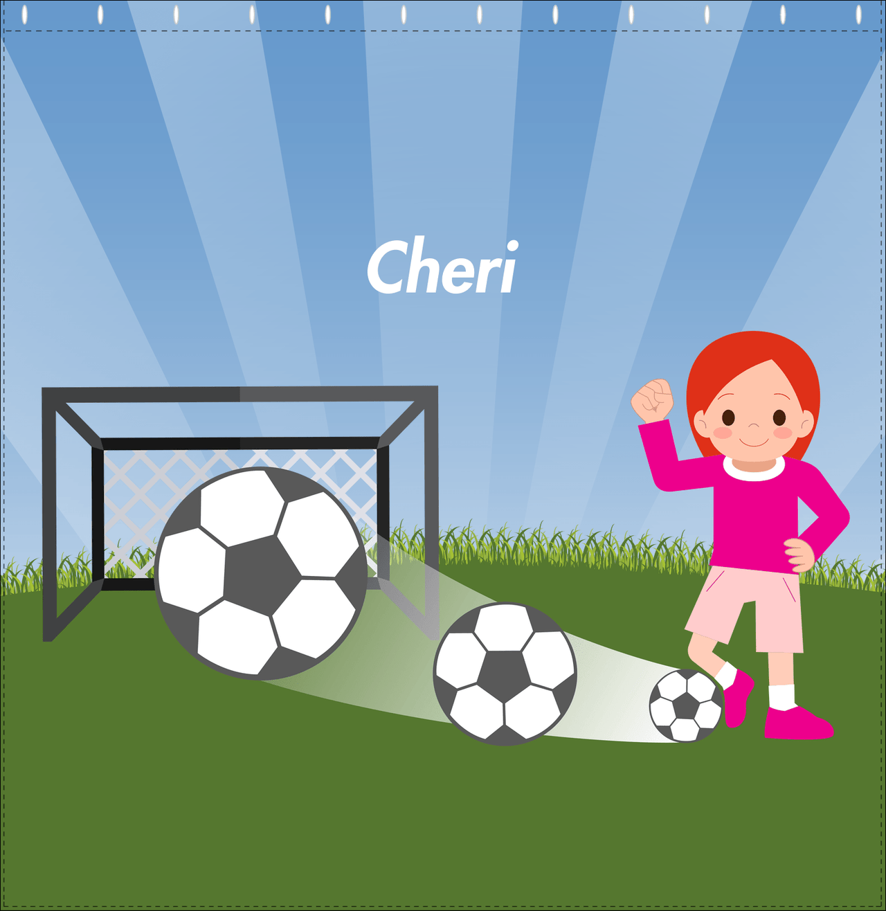 Personalized Soccer Shower Curtain VII - Blue Sky - Redhead Girl - Decorate View