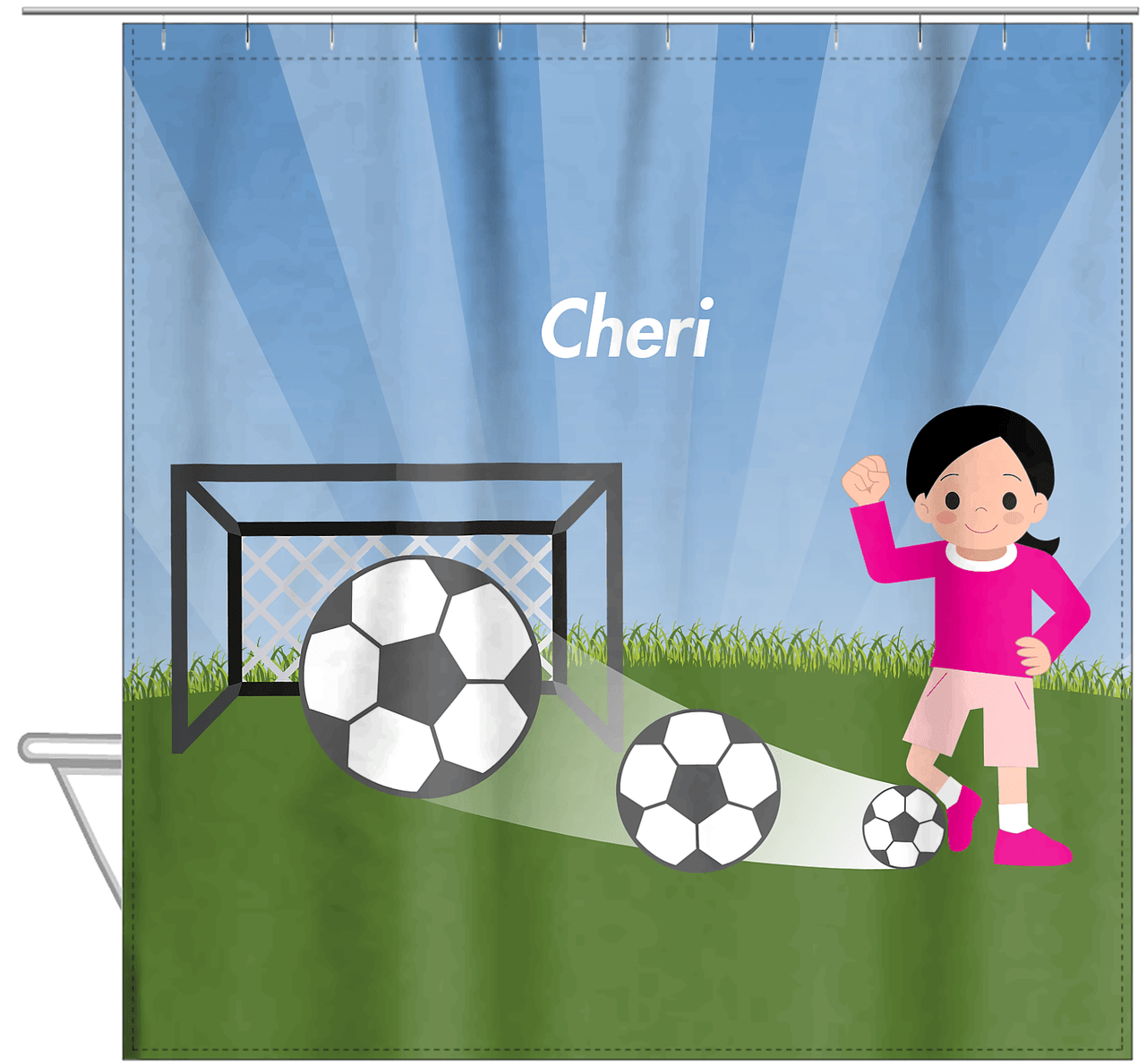 Personalized Soccer Shower Curtain VII - Blue Sky - Black Hair Girl I - Hanging View