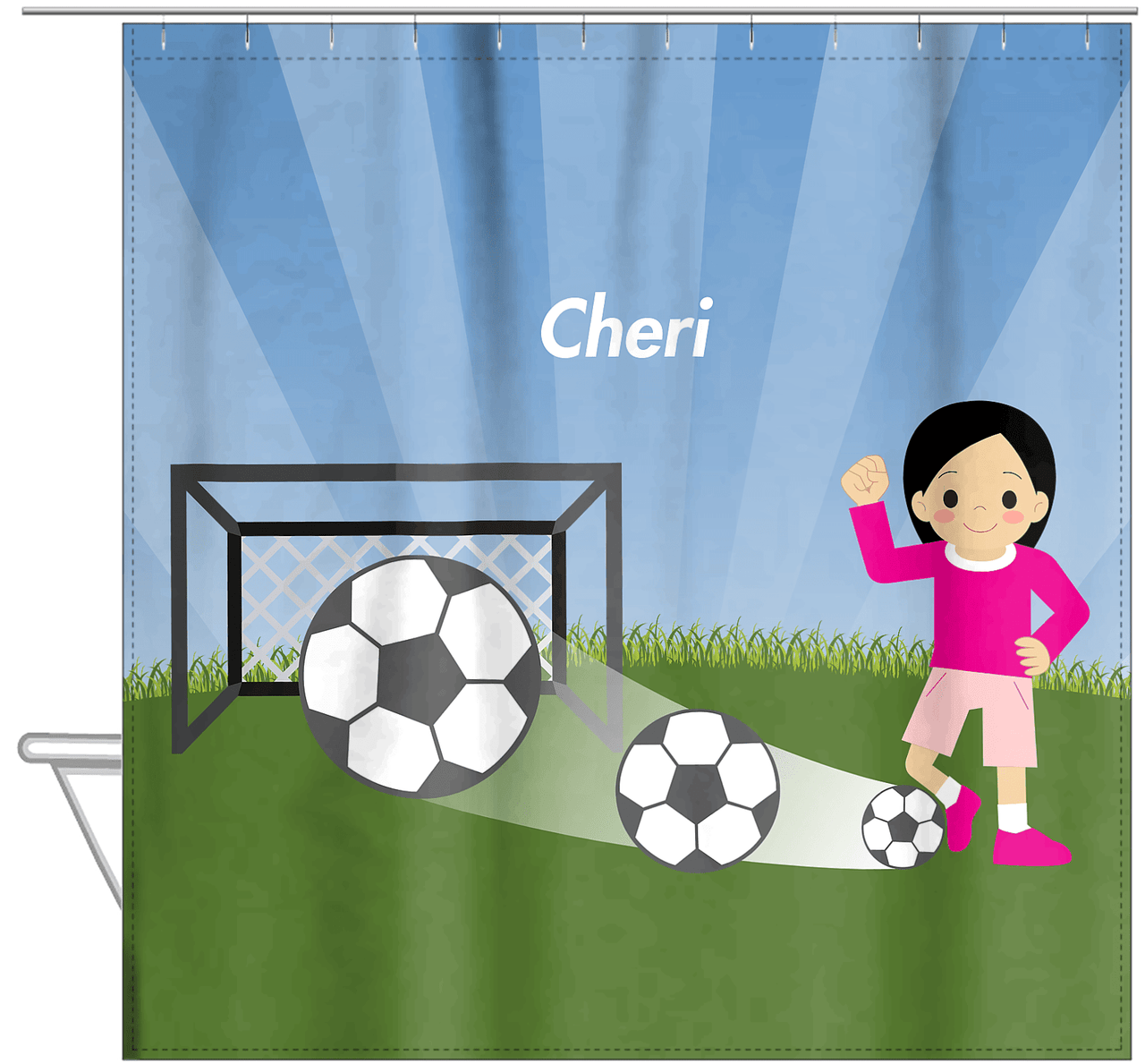 Personalized Soccer Shower Curtain VII - Blue Sky - Black Hair Girl II - Hanging View