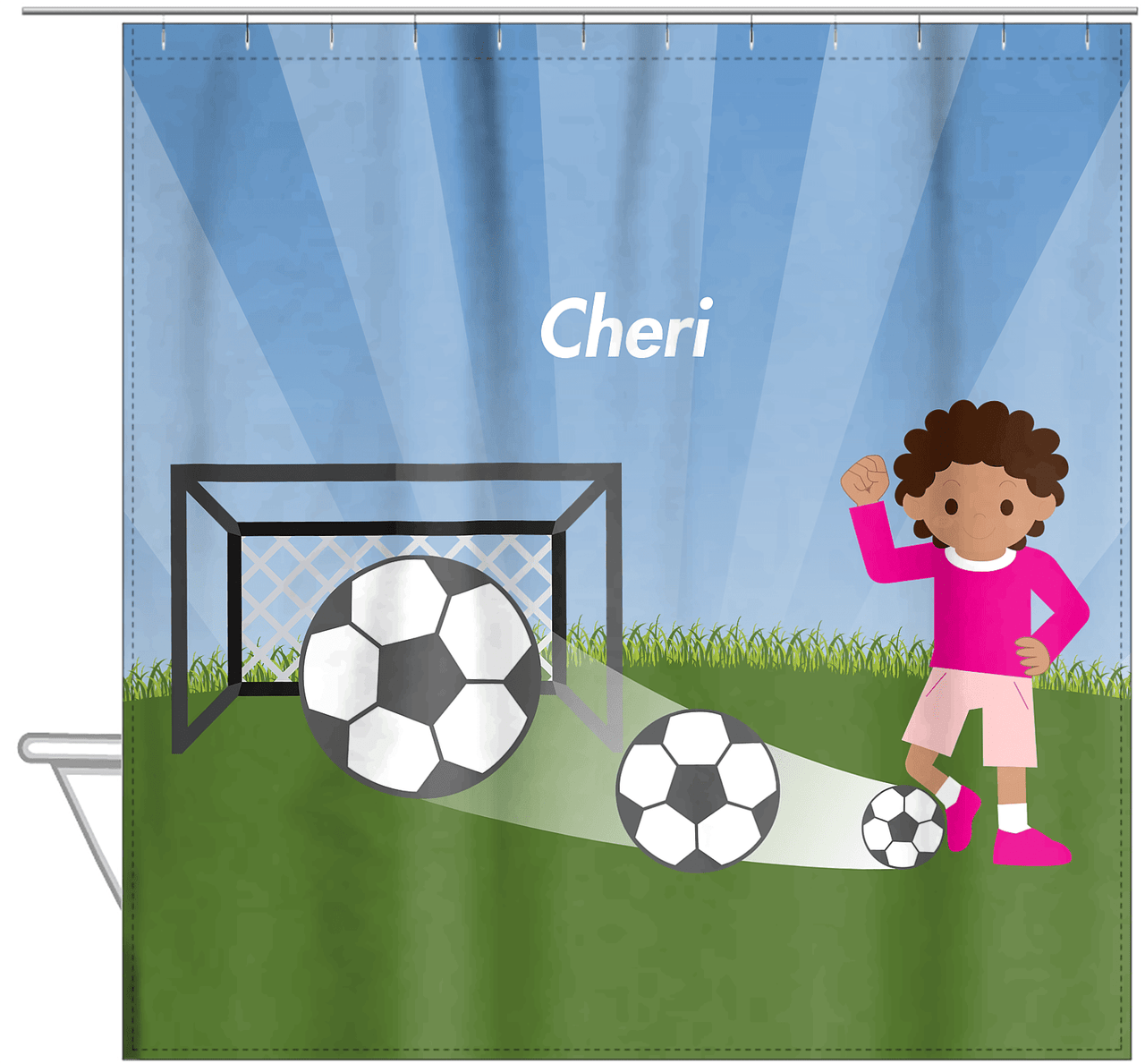 Personalized Soccer Shower Curtain VII - Blue Sky - Black Girl - Hanging View