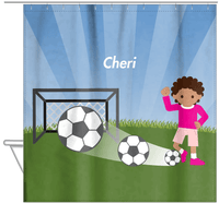 Thumbnail for Personalized Soccer Shower Curtain VII - Blue Sky - Black Girl - Hanging View