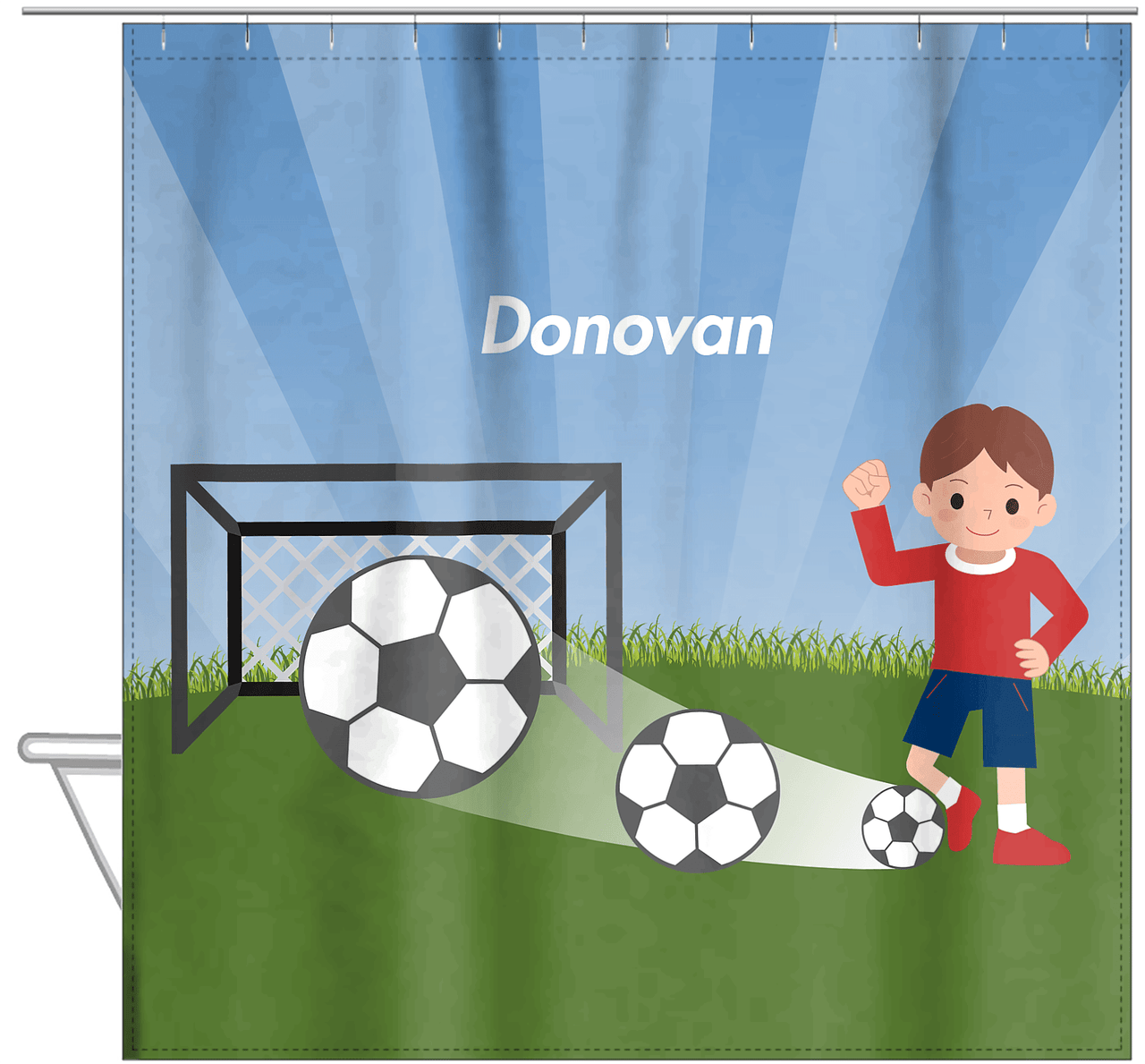 Personalized Soccer Shower Curtain VIII - Blue Sky - Brown Hair Boy - Hanging View
