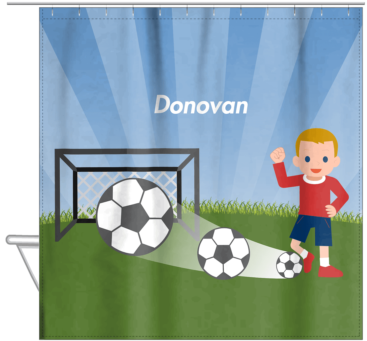 Personalized Soccer Shower Curtain VIII - Blue Sky - Blond Boy - Hanging View