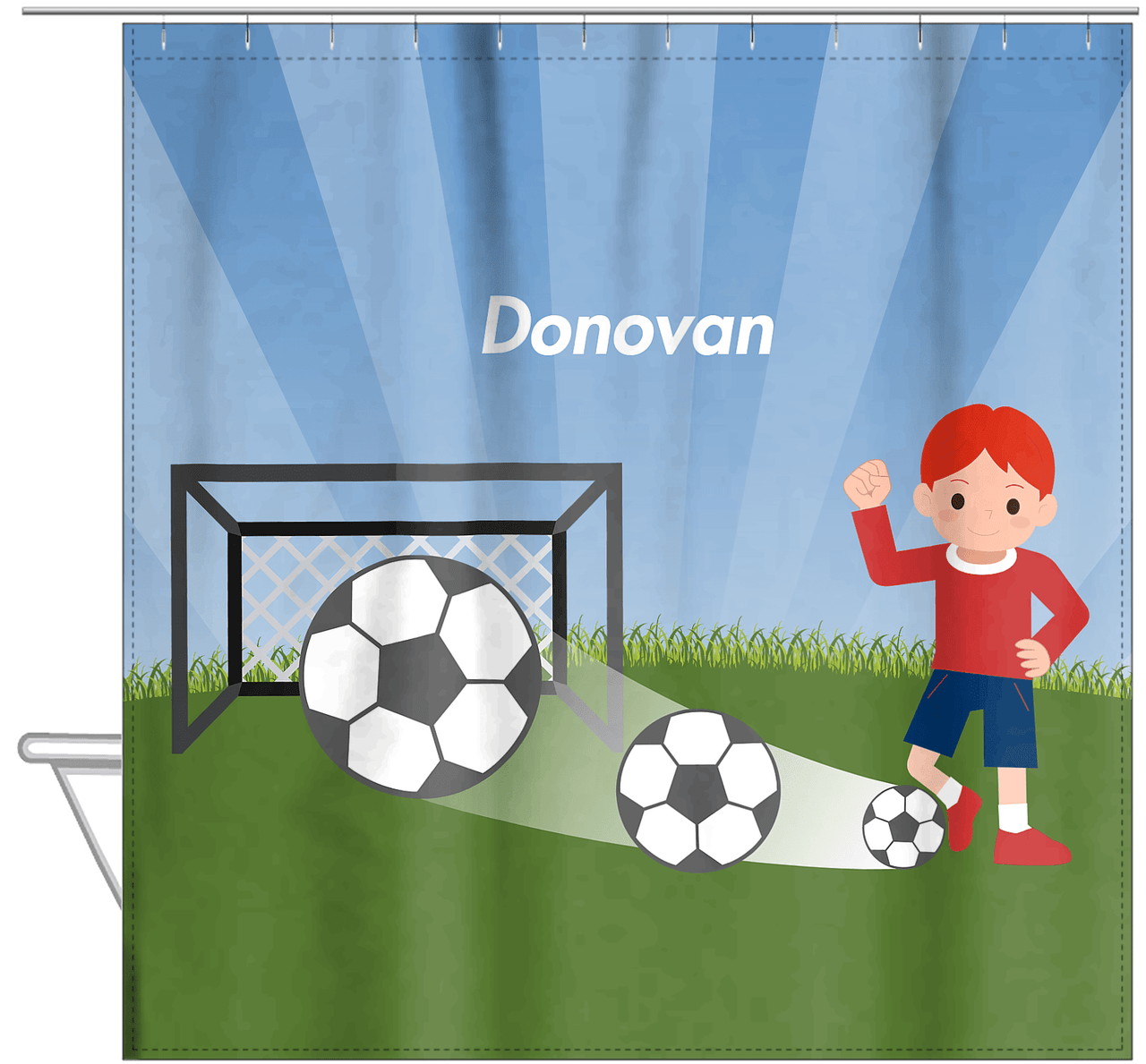 Personalized Soccer Shower Curtain VIII - Blue Sky - Redhead Boy - Hanging View