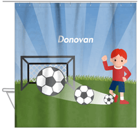 Thumbnail for Personalized Soccer Shower Curtain VIII - Blue Sky - Redhead Boy - Hanging View