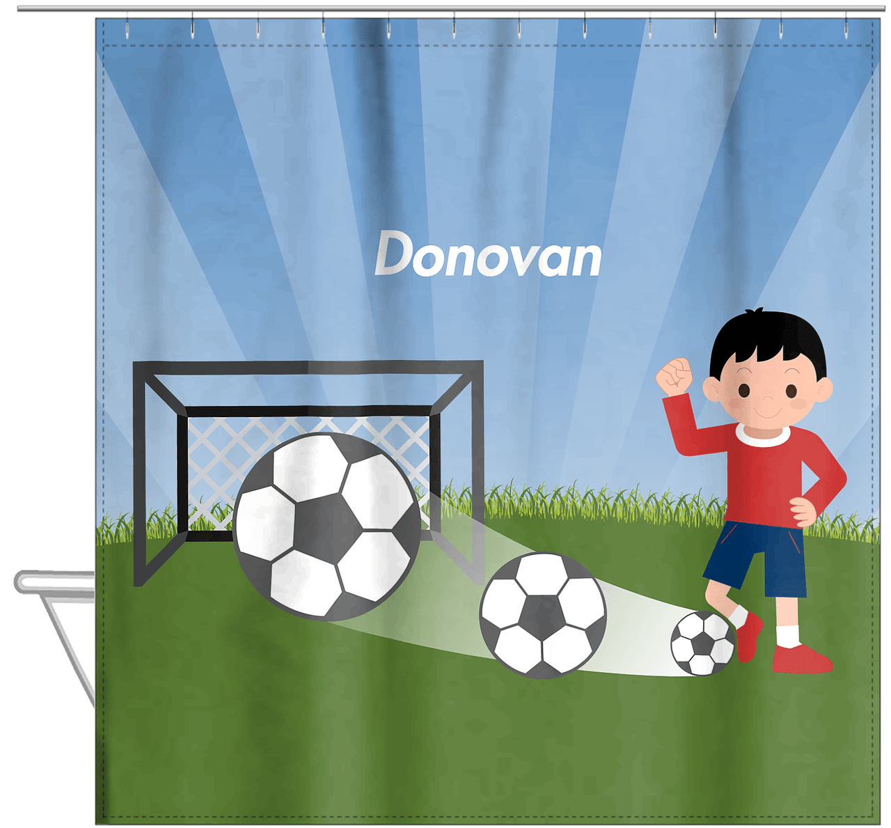 Personalized Soccer Shower Curtain VIII - Blue Sky - Black Hair Boy I - Hanging View
