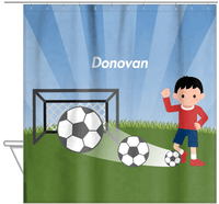 Thumbnail for Personalized Soccer Shower Curtain VIII - Blue Sky - Black Hair Boy I - Hanging View