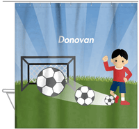 Thumbnail for Personalized Soccer Shower Curtain VIII - Blue Sky - Black Hair Boy II - Hanging View