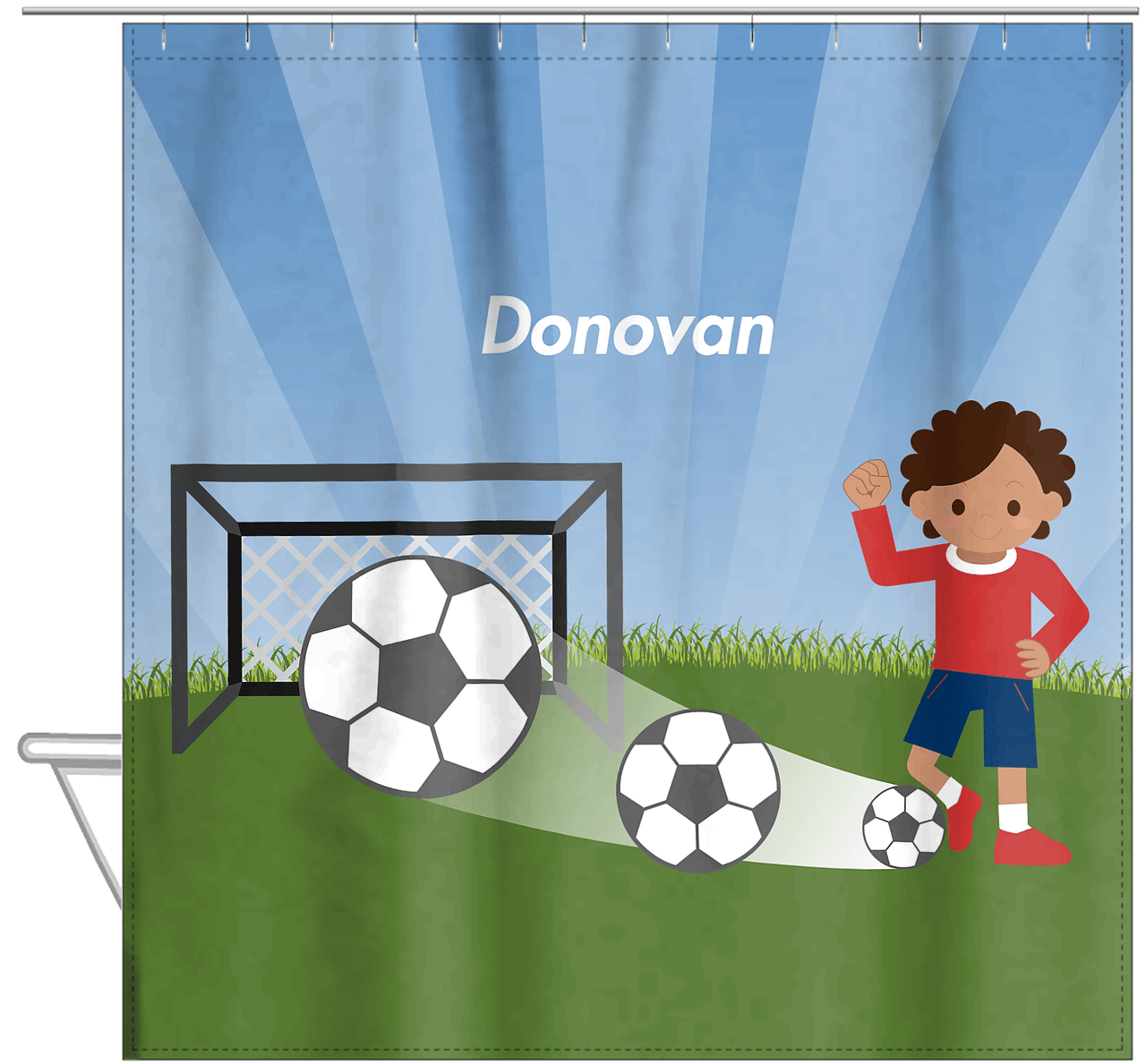 Personalized Soccer Shower Curtain VIII - Blue Sky - Black Boy - Hanging View