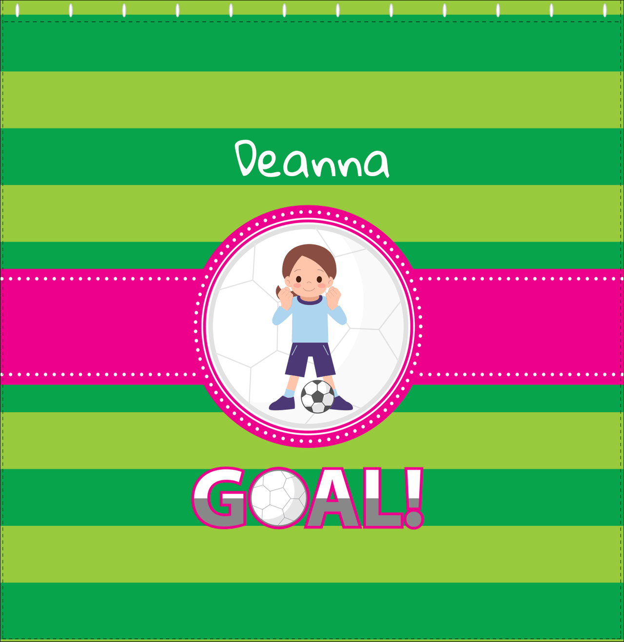 Personalized Soccer Shower Curtain IX - Green Background - Brunette Girl - Decorate View