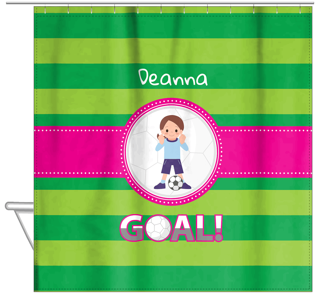 Personalized Soccer Shower Curtain IX - Green Background - Brunette Girl - Hanging View