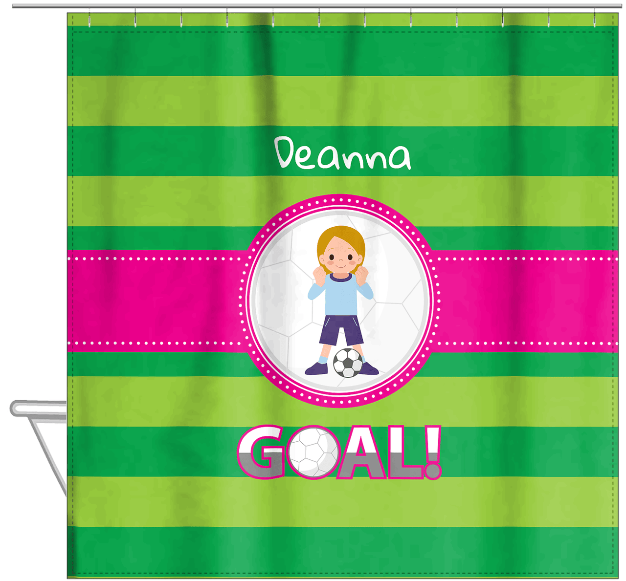 Personalized Soccer Shower Curtain IX - Green Background - Blonde Girl - Hanging View