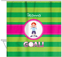 Thumbnail for Personalized Soccer Shower Curtain IX - Green Background - Black Hair Girl I - Hanging View