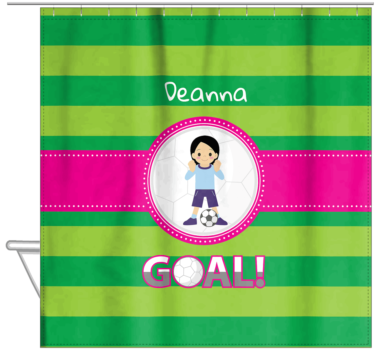 Personalized Soccer Shower Curtain IX - Green Background - Black Hair Girl II - Hanging View