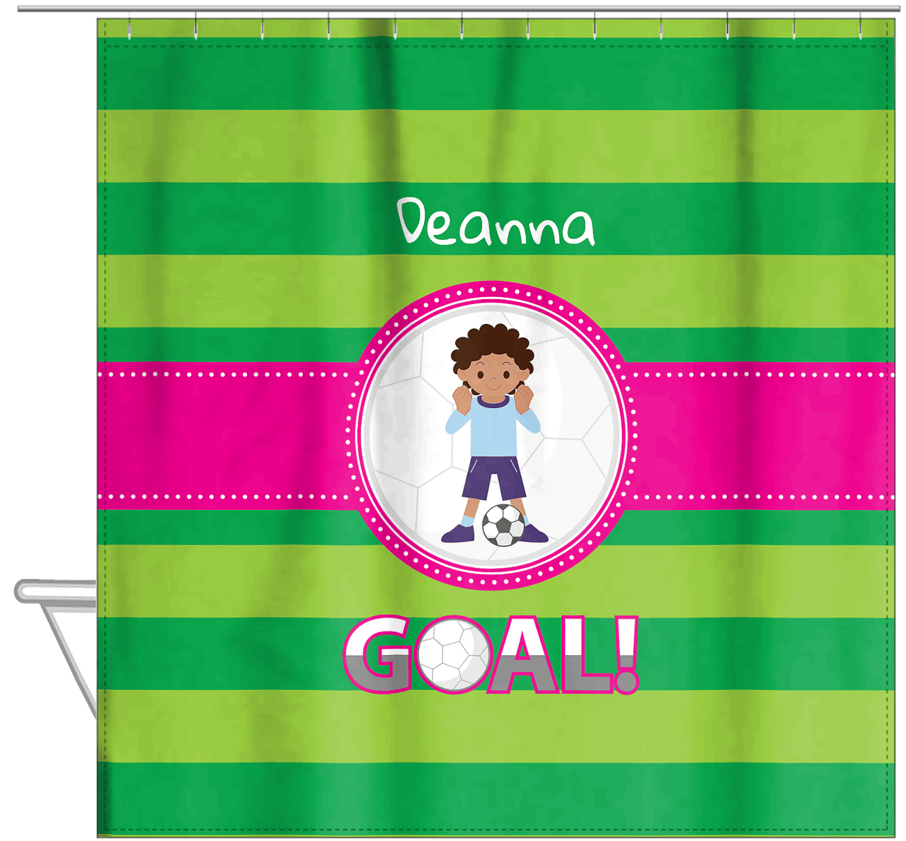 Personalized Soccer Shower Curtain IX - Green Background - Black Girl - Hanging View