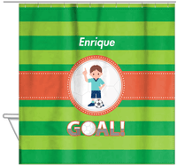 Thumbnail for Personalized Soccer Shower Curtain X - Green Background - Brown Hair Boy - Hanging View