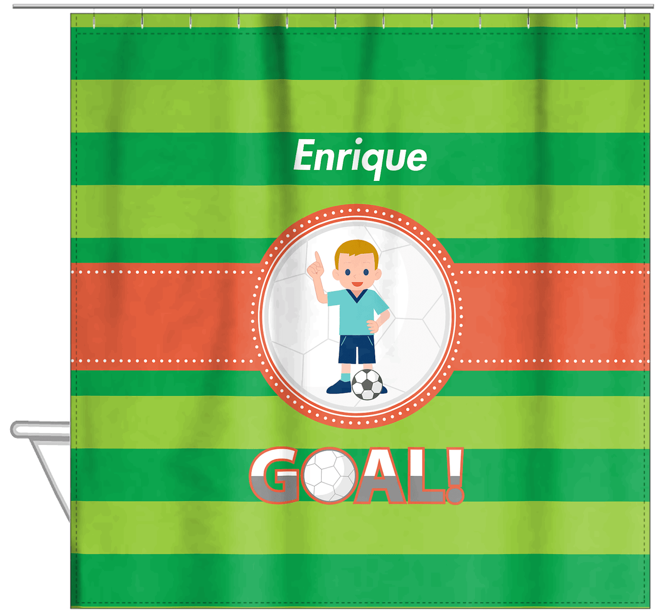 Personalized Soccer Shower Curtain X - Green Background - Blonde Boy - Hanging View