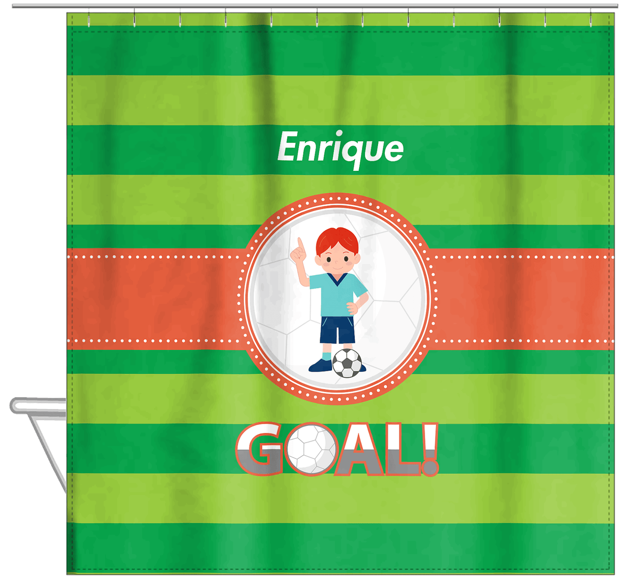 Personalized Soccer Shower Curtain X - Green Background - Redhead Boy - Hanging View