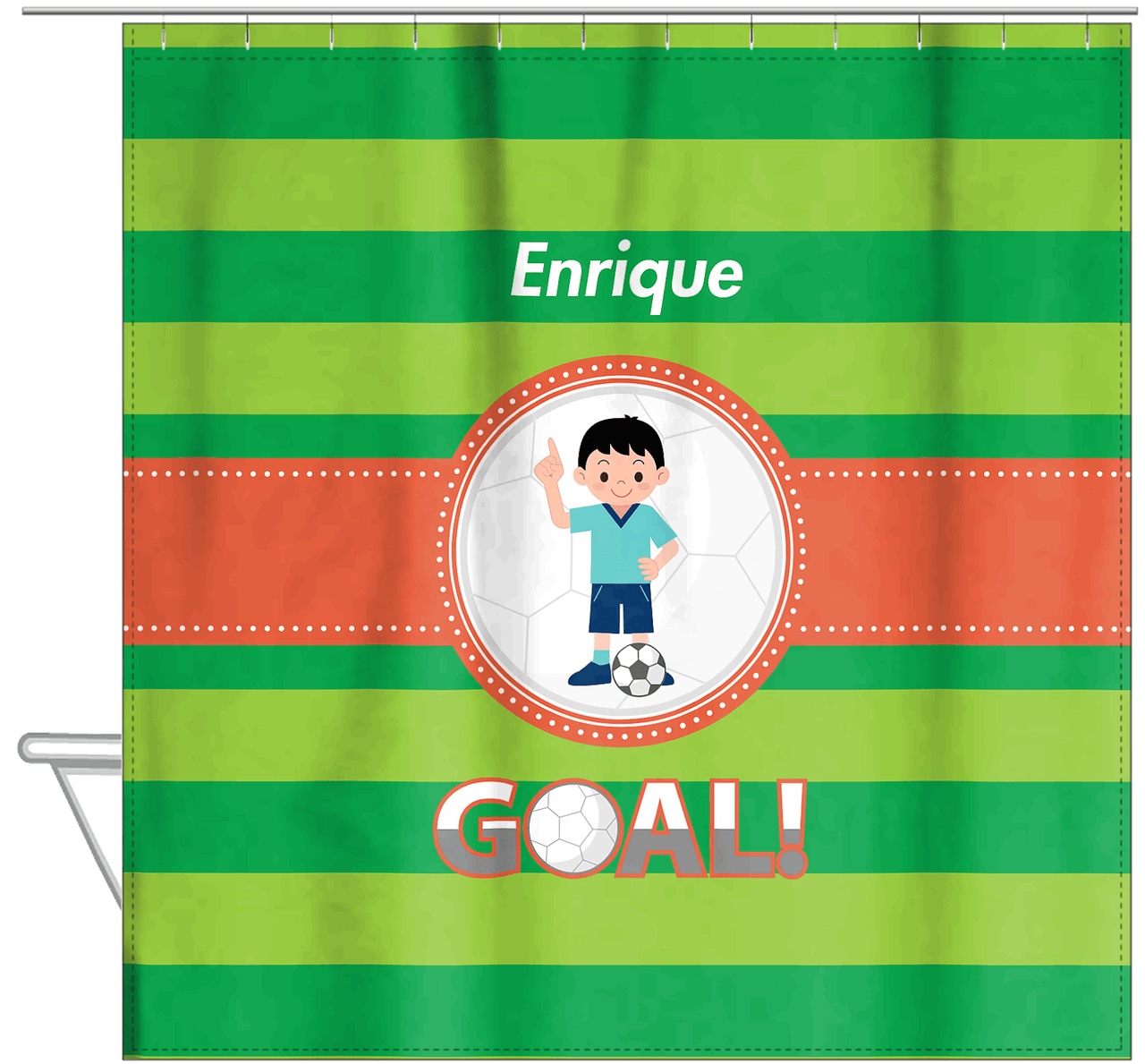Personalized Soccer Shower Curtain X - Green Background - Black Hair Boy I - Hanging View