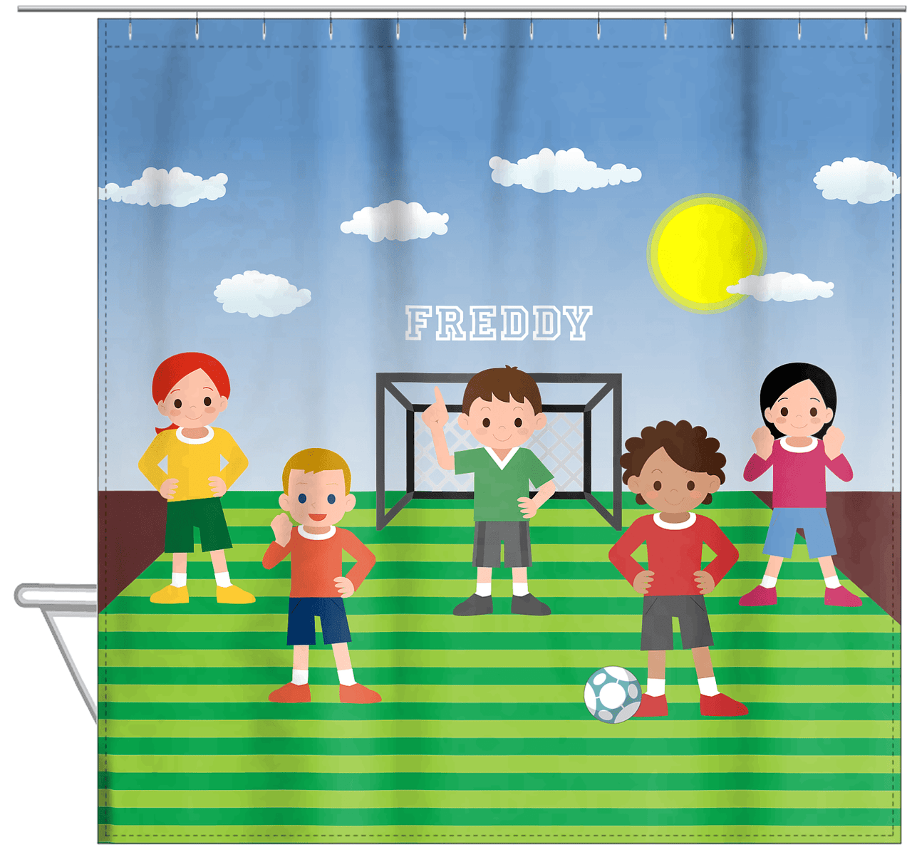 Personalized Soccer Shower Curtain XI - Blue Sky - Team I - Hanging View