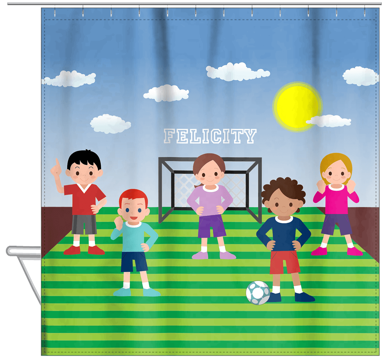 Personalized Soccer Shower Curtain XI - Blue Sky - Team II - Hanging View