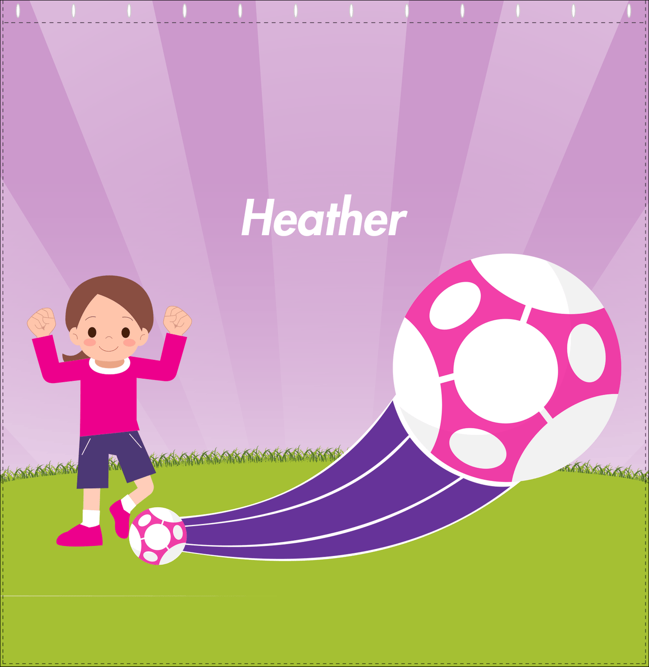 Personalized Soccer Shower Curtain XIII - Purple Background - Brunette Girl - Decorate View