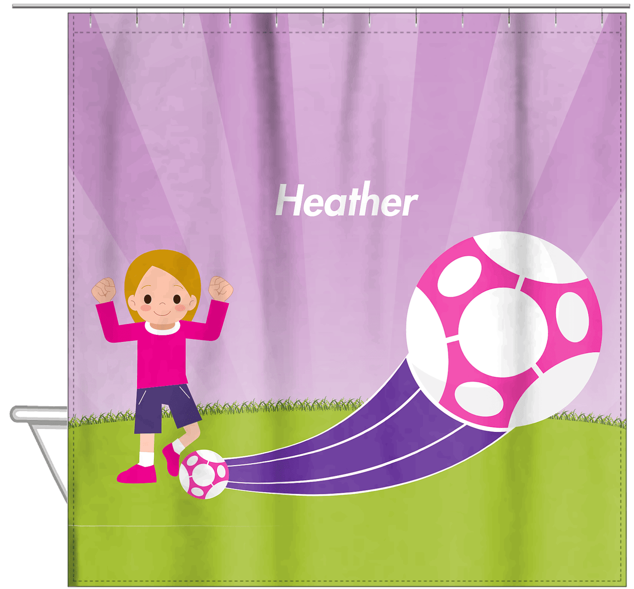 Personalized Soccer Shower Curtain XIII - Purple Background - Blonde Girl - Hanging View