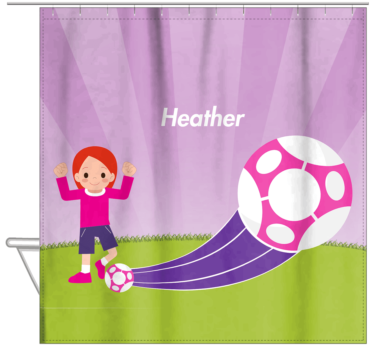 Personalized Soccer Shower Curtain XIII - Purple Background - Redhead Girl - Hanging View