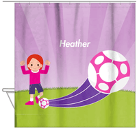 Thumbnail for Personalized Soccer Shower Curtain XIII - Purple Background - Redhead Girl - Hanging View
