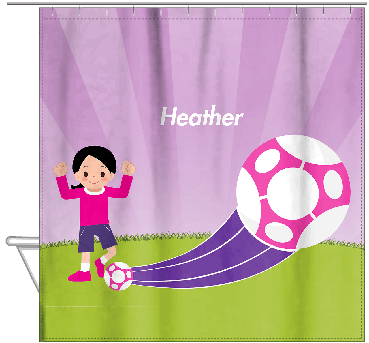 Personalized Soccer Shower Curtain XIII - Purple Background - Black Hair Girl I - Hanging View