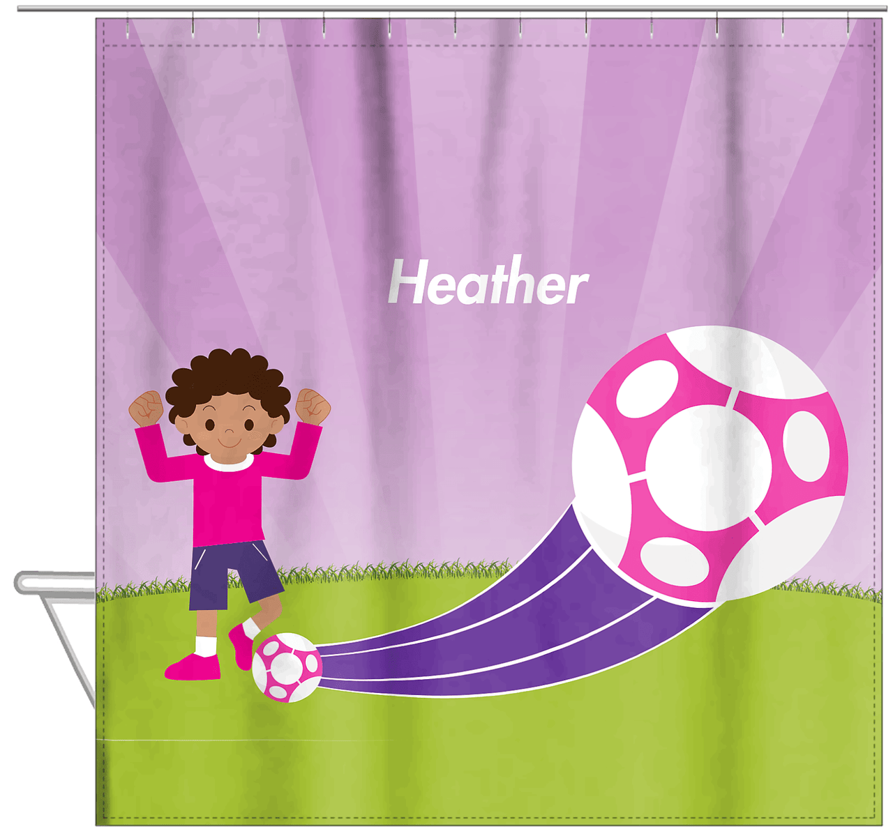 Personalized Soccer Shower Curtain XIII - Purple Background - Black Girl - Hanging View