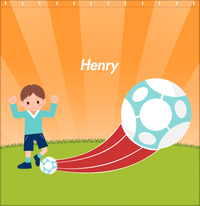 Thumbnail for Personalized Soccer Shower Curtain XIV - Orange Background - Brown Hair Boy - Decorate View