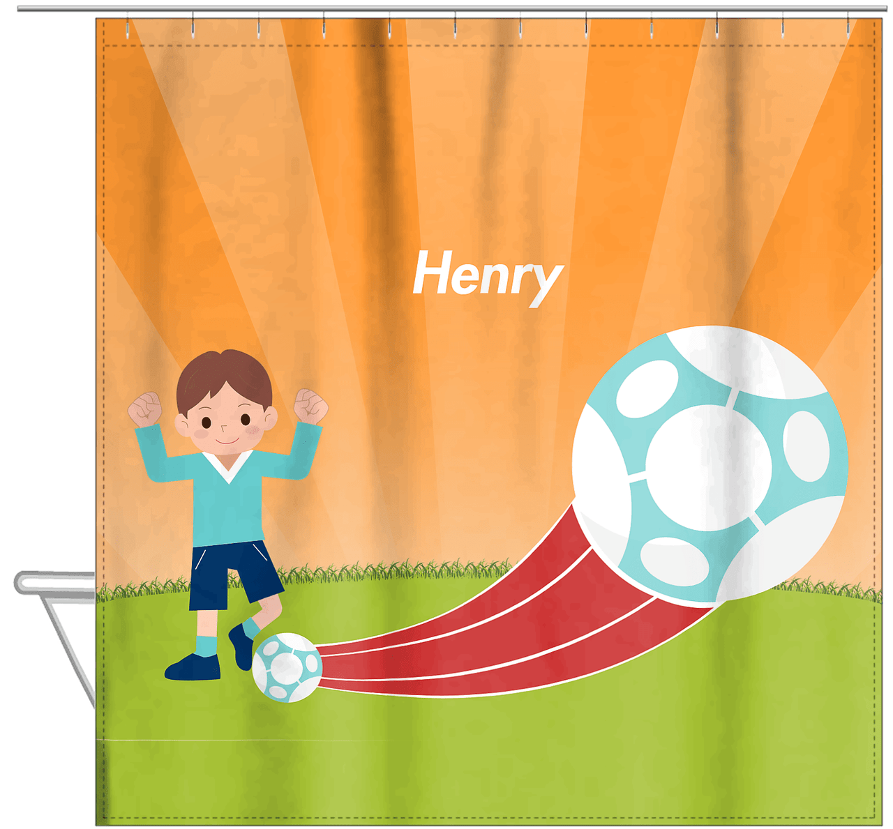 Personalized Soccer Shower Curtain XIV - Orange Background - Brown Hair Boy - Hanging View