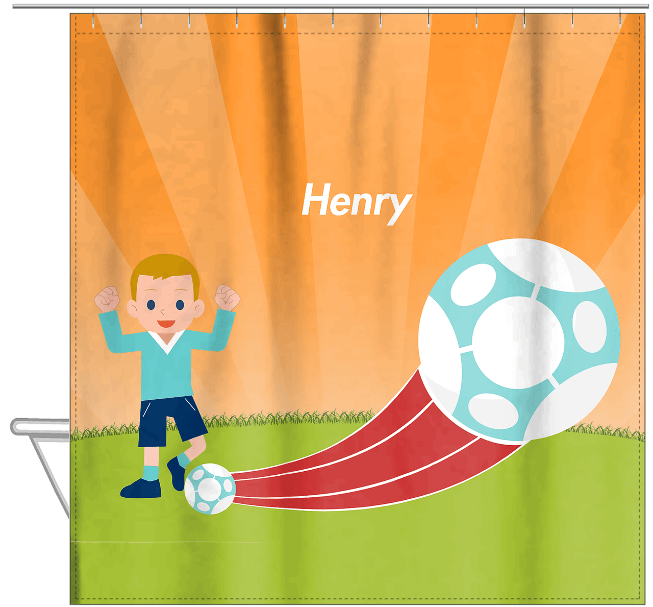 Personalized Soccer Shower Curtain XIV - Orange Background - Blond Boy - Hanging View