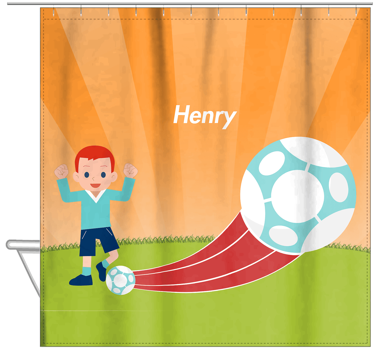Personalized Soccer Shower Curtain XIV - Orange Background - Redhead Boy - Hanging View