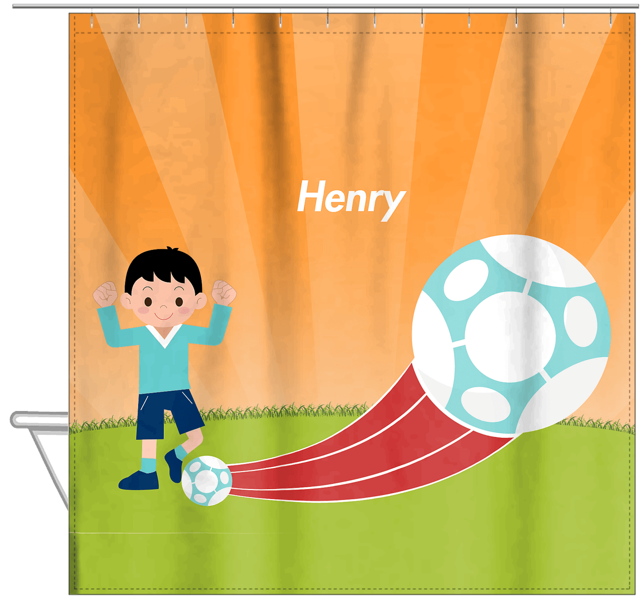 Personalized Soccer Shower Curtain XIV - Orange Background - Black Hair Boy I - Hanging View