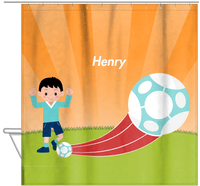 Thumbnail for Personalized Soccer Shower Curtain XIV - Orange Background - Black Hair Boy I - Hanging View