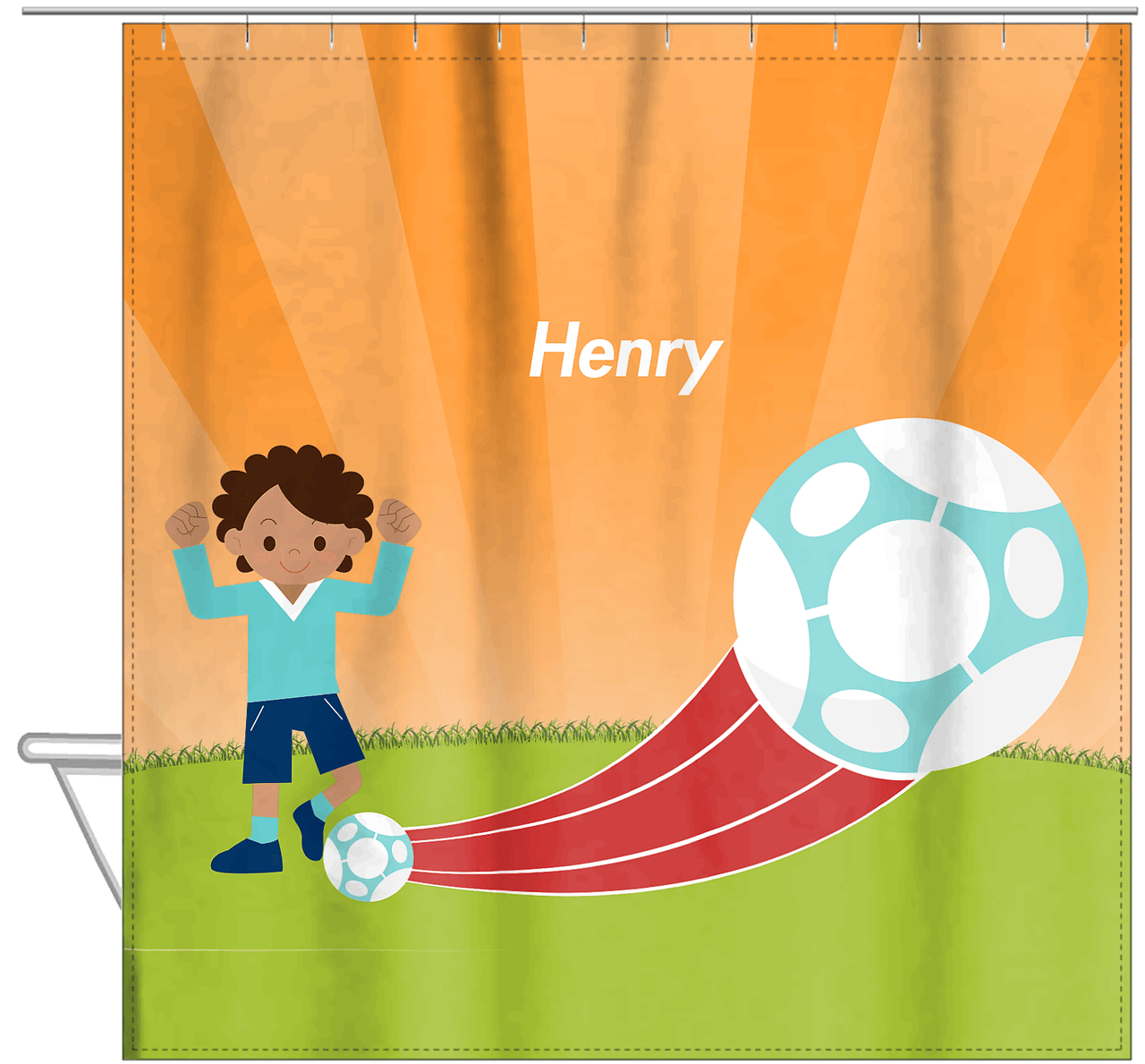 Personalized Soccer Shower Curtain XIV - Orange Background - Black Boy - Hanging View