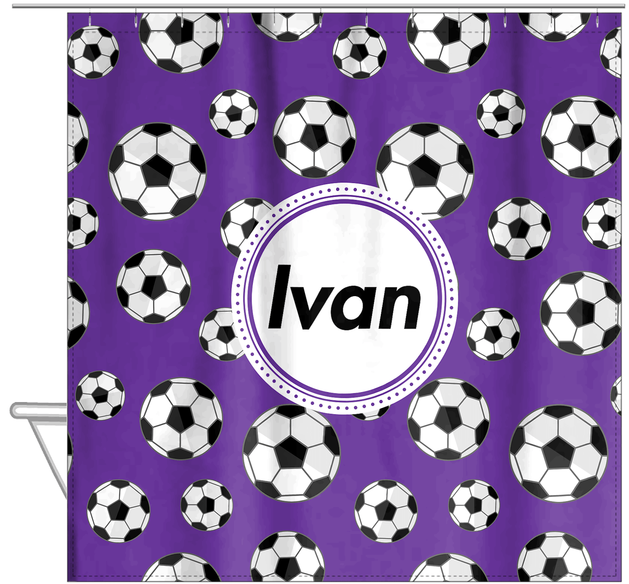 Personalized Soccer Shower Curtain XV - Purple Background - Circle Nameplate - Hanging View