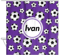 Thumbnail for Personalized Soccer Shower Curtain XV - Purple Background - Circle Nameplate - Hanging View