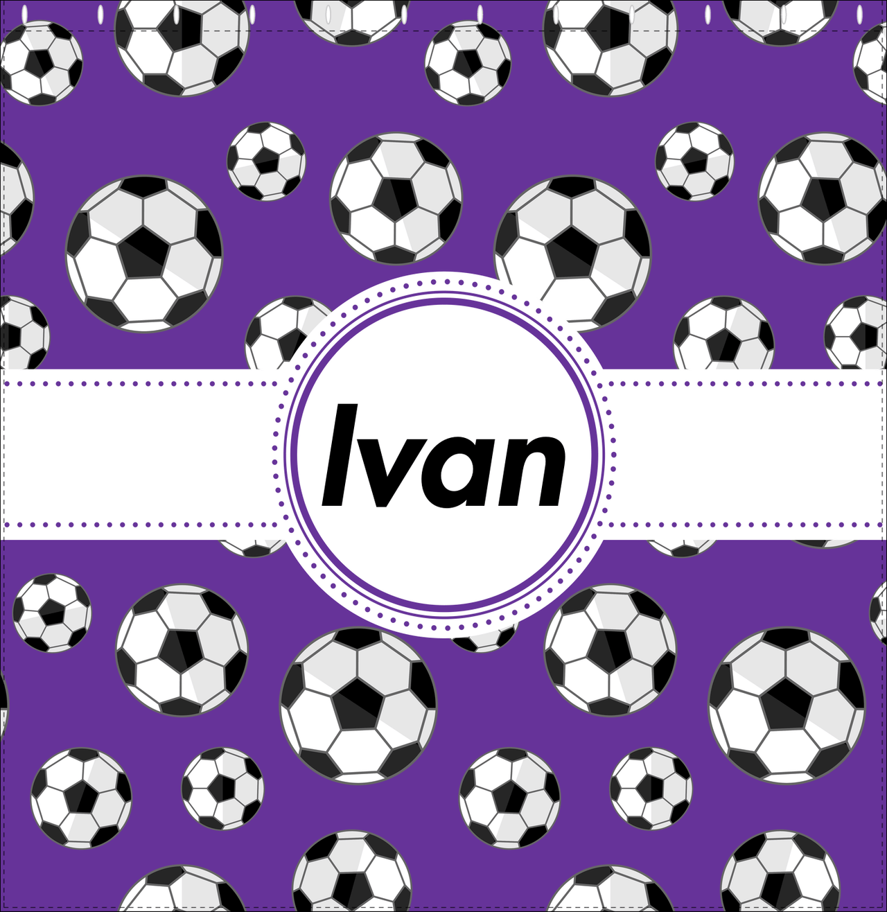 Personalized Soccer Shower Curtain XV - Purple Background - Circle Ribbon Nameplate - Decorate View