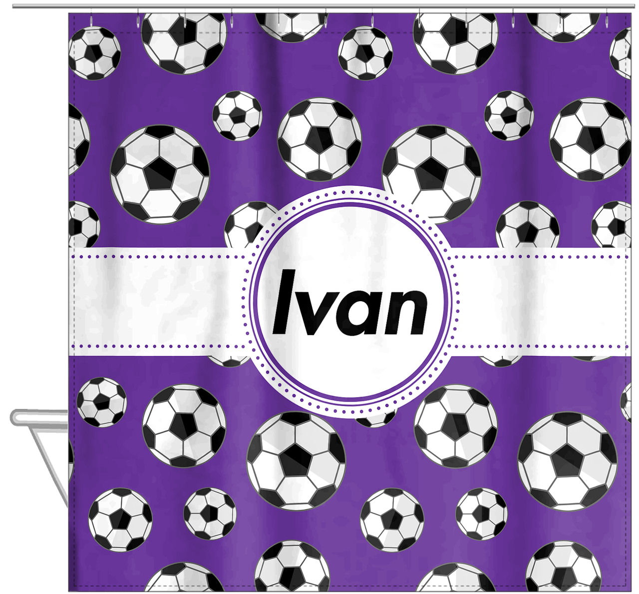 Personalized Soccer Shower Curtain XV - Purple Background - Circle Ribbon Nameplate - Hanging View