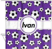 Thumbnail for Personalized Soccer Shower Curtain XV - Purple Background - Circle Ribbon Nameplate - Hanging View