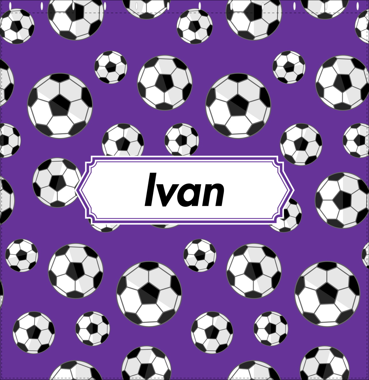 Personalized Soccer Shower Curtain XV - Purple Background - Decorative Rectangle Nameplate - Decorate View