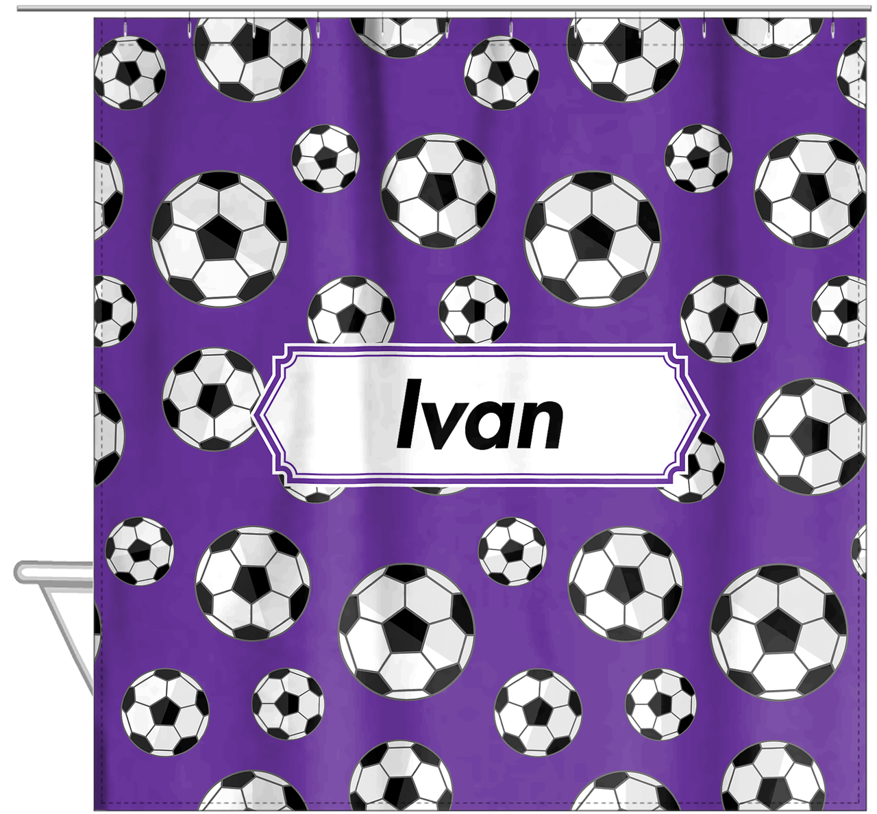 Personalized Soccer Shower Curtain XV - Purple Background - Decorative Rectangle Nameplate - Hanging View