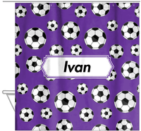 Thumbnail for Personalized Soccer Shower Curtain XV - Purple Background - Decorative Rectangle Nameplate - Hanging View