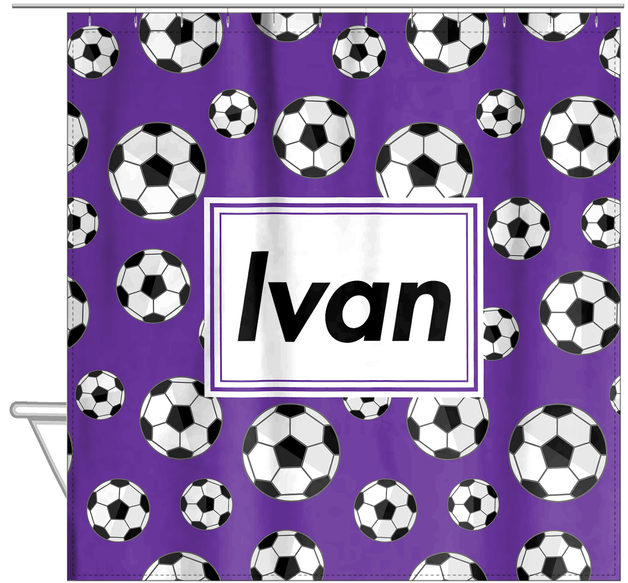 Personalized Soccer Shower Curtain XV - Purple Background - Rectangle Nameplate - Hanging View