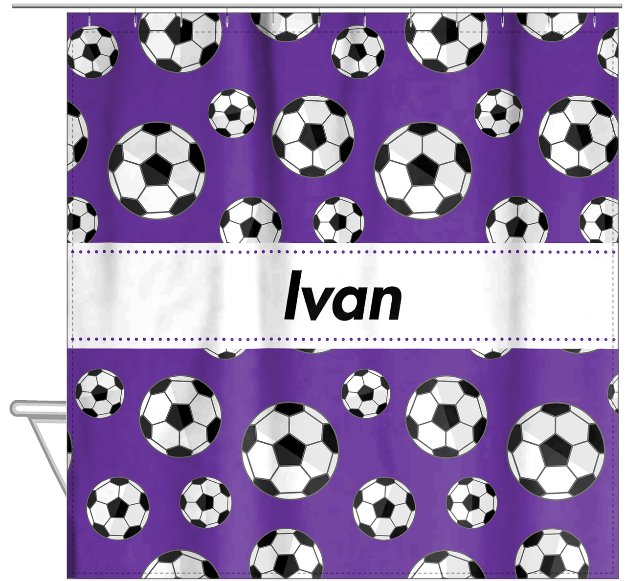 Personalized Soccer Shower Curtain XV - Purple Background - Ribbon Nameplate - Hanging View