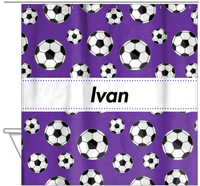 Thumbnail for Personalized Soccer Shower Curtain XV - Purple Background - Ribbon Nameplate - Hanging View